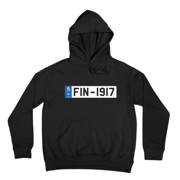 FIN-1917 is a celebration of Finnish independence. Designed in the classic car license plate form, this hoodie fits all fans of Finland.