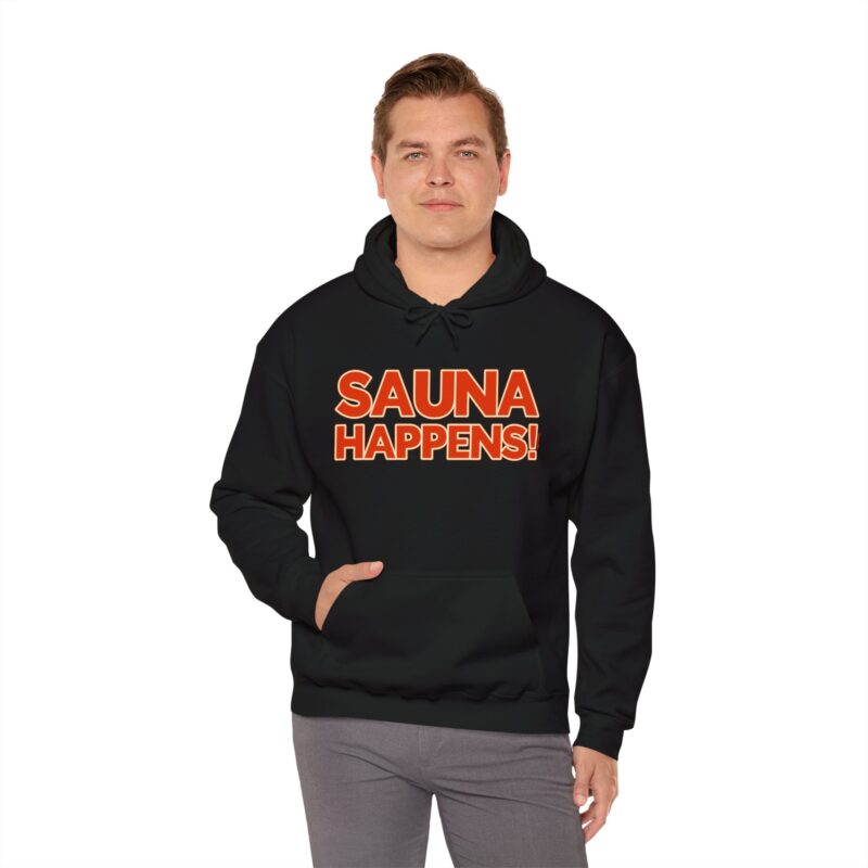 Unisex hooded sweatshirt with minimalist design showcasing the phrase “Sauna Happens”