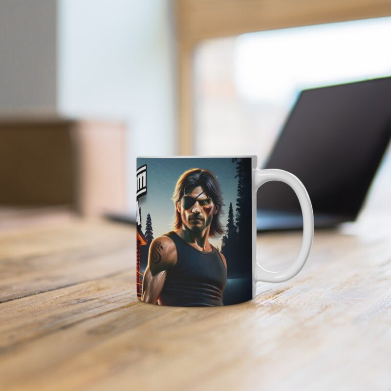 Funny coffee mug with the phrase “Escape From The Sauna” in bold retro action-movie font and steam graphics