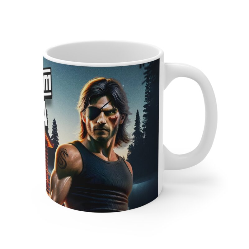 Ceramic coffee mug featuring a cartoon figure running from a cloud of sauna steam in dramatic style