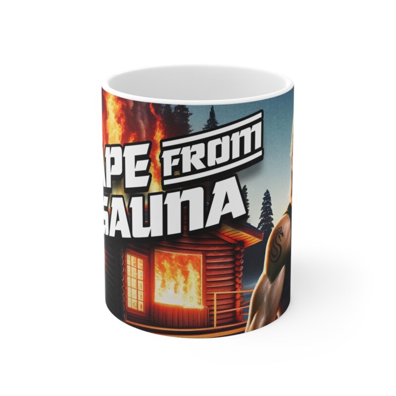 11oz funny mug parodying thriller posters – “Escape From The Sauna” with exaggerated sauna heat