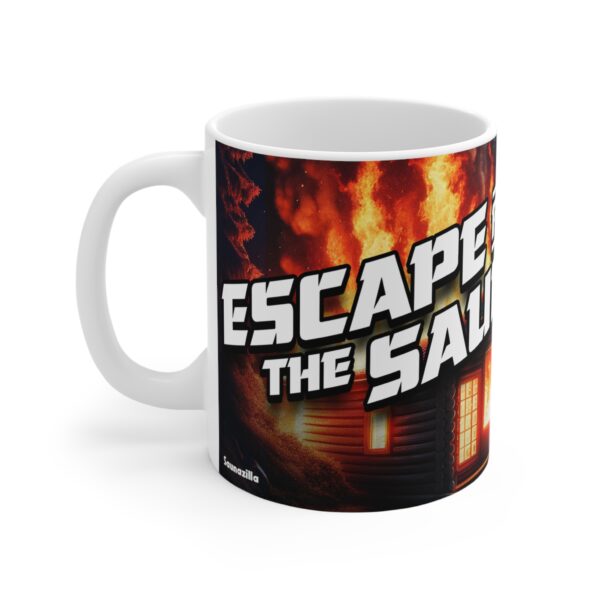 Funny coffee mug for sauna fans – intense steam and playful panic illustrated alongside bold text