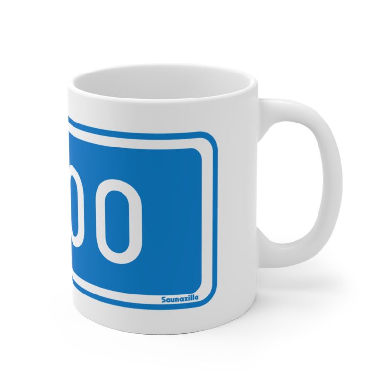 Funny coffee mug featuring a bold “Espoo” road sign graphic in classic Finnish traffic sign style