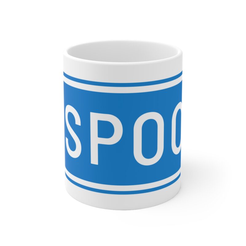 Ceramic coffee mug with minimalist blue and white directional sign reading “Espoo”