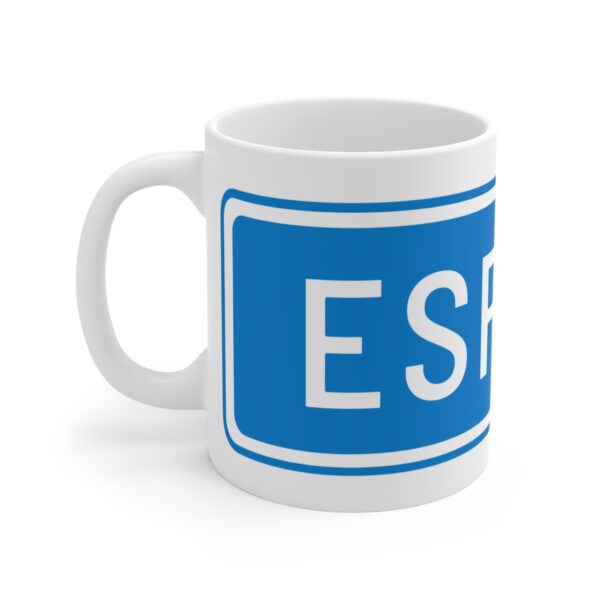 11oz funny mug showcasing a clean highway sign design with “Espoo” printed prominently
