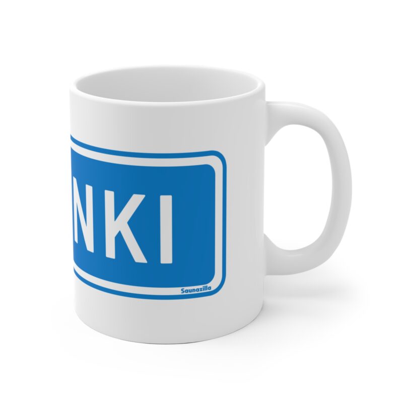 Funny coffee mug featuring a bold “Helsinki” road sign graphic in classic Finnish traffic sign style