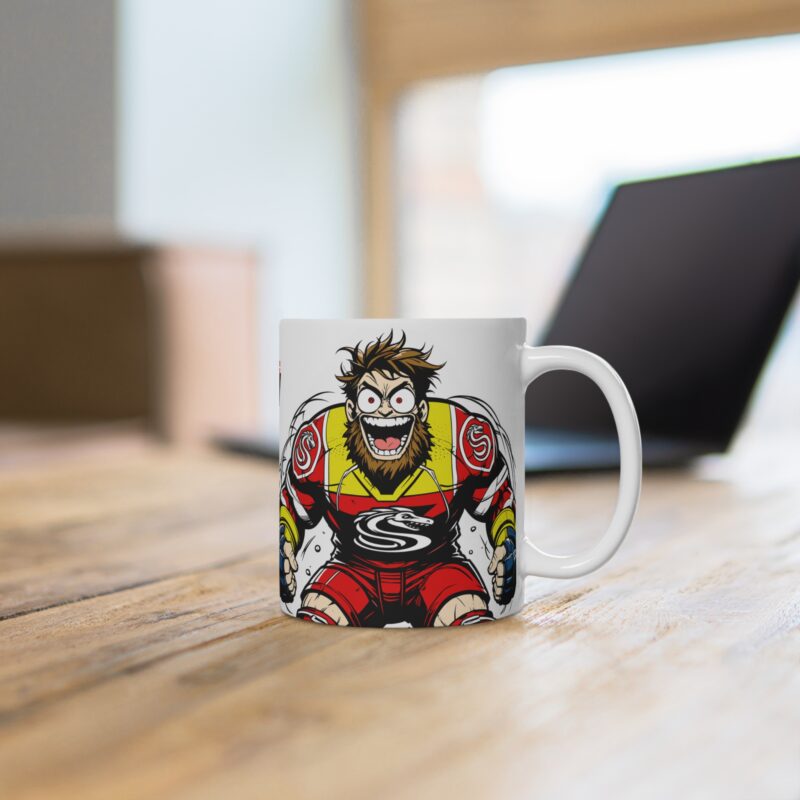 Funny coffee mug featuring “Hockey Fighting Championships” text with crossed hockey sticks and gloves