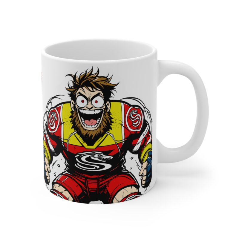 Ceramic coffee mug showing cartoon hockey players dropping gloves mid-fight under bold championship logo