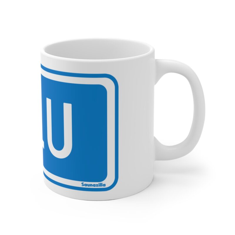 Funny coffee mug featuring a bold “Oulu” road sign graphic in classic Finnish traffic sign style