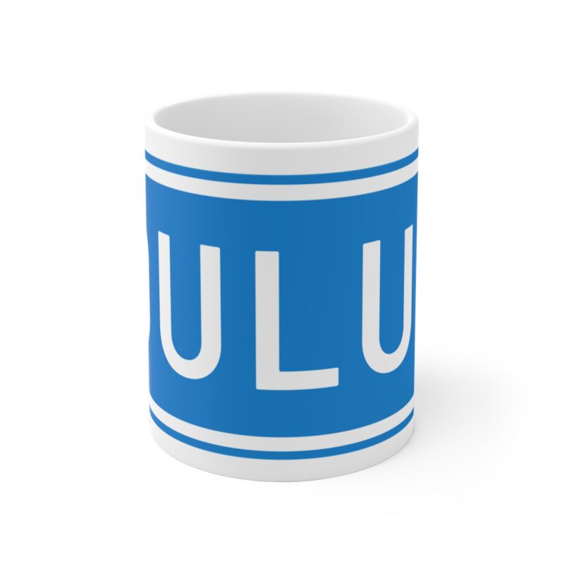 Ceramic coffee mug with minimalist blue and white directional sign reading “Oulu”