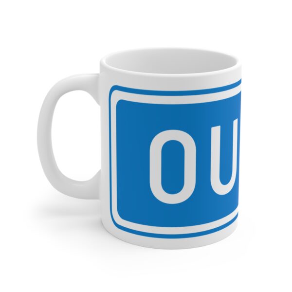 11oz funny mug showcasing a clean highway sign design with “Oulu” printed prominently