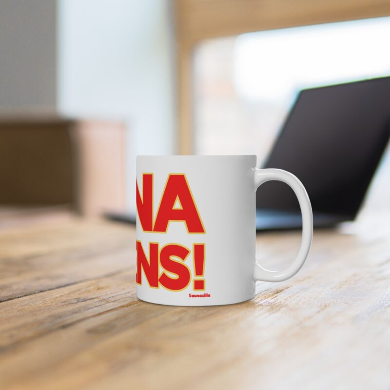 Funny coffee mug with the phrase “Sauna Happens” in bold, minimalist type and rising steam lines
