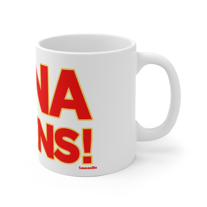 11oz funny mug with steamy graphic elements and a relaxed “Sauna Happens” slogan