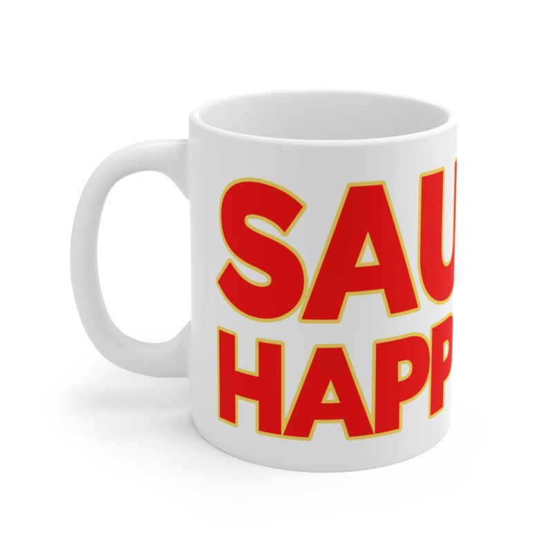 Ceramic mug with clean Scandinavian style and humorous “Sauna Happens” message