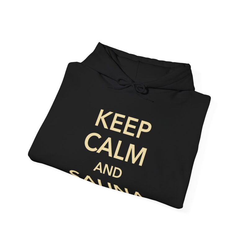 Pullover hoodie blending British classic poster style and Finnish sauna pride with clean text