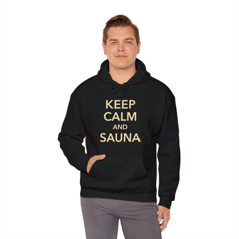 Unisex hooded sweatshirt with minimalist design showcasing the iconic “Keep Calm” layout with sauna twist