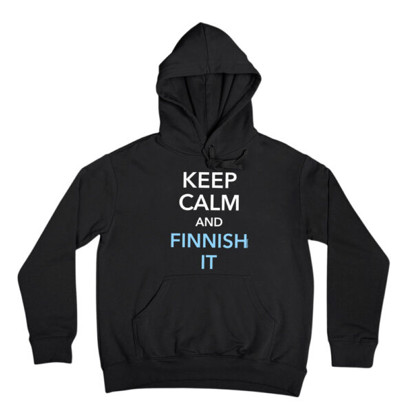 A funny parody hoodie of a famous wartime slogan - be calm and Finnish it. This hilarious hooded sweatshirt pokes fun at the classic British slogan.