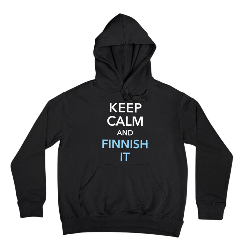 A funny parody hoodie of a famous wartime slogan - be calm and Finnish it. This hilarious hooded sweatshirt pokes fun at the classic British slogan.