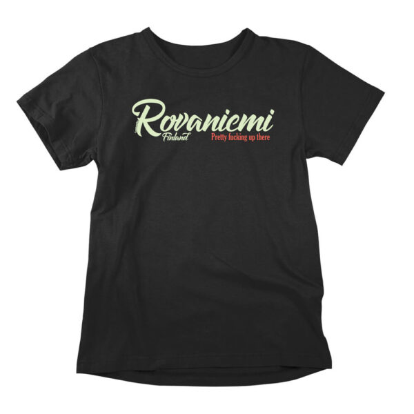 Rovaniemi Finland in Lapland region, funny t-shirt and Finland product in the color black shirt.