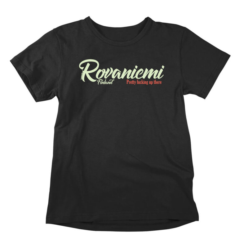 Rovaniemi Finland in Lapland region, funny t-shirt and Finland product in the color black shirt.