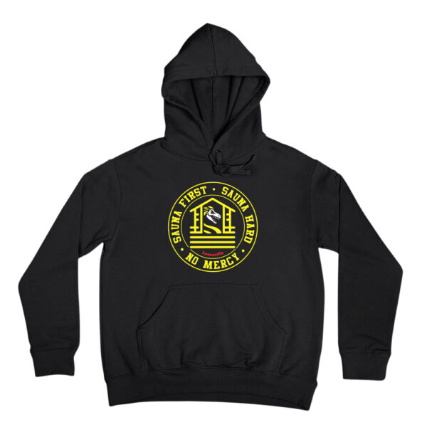 Sauna first, sauna hard, no mercy! Famous Cobra Kai slogan adapted to our sauna lifestyle. Funny parody hoodie for Karate Kid fans.