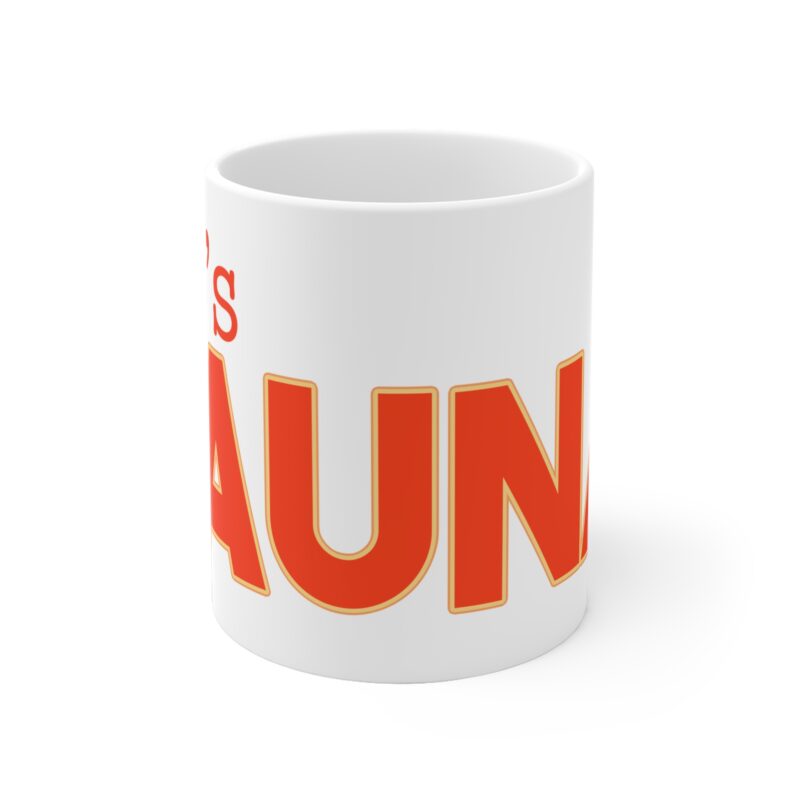Ceramic coffee mug featuring playful “Let’s Sauna” text and cartoon löyly clouds
