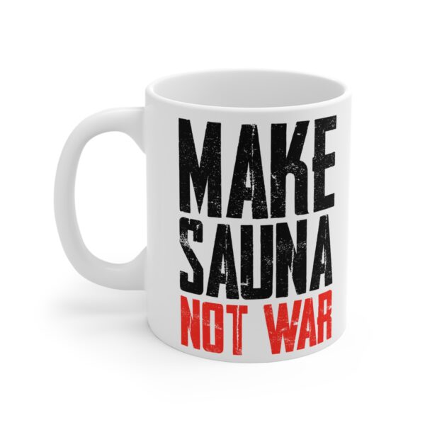 Funny coffee mug for peace-loving sauna fans – minimalist design with löyly steam and bold text