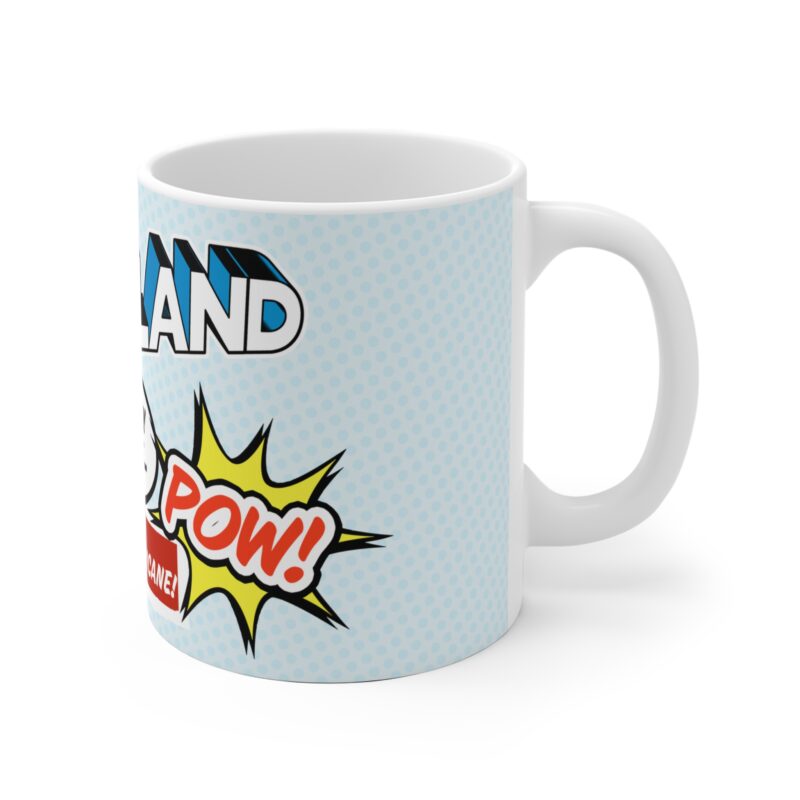 Funny coffee mug with the phrase “New Adventures of Finland” in playful font and scenic doodles