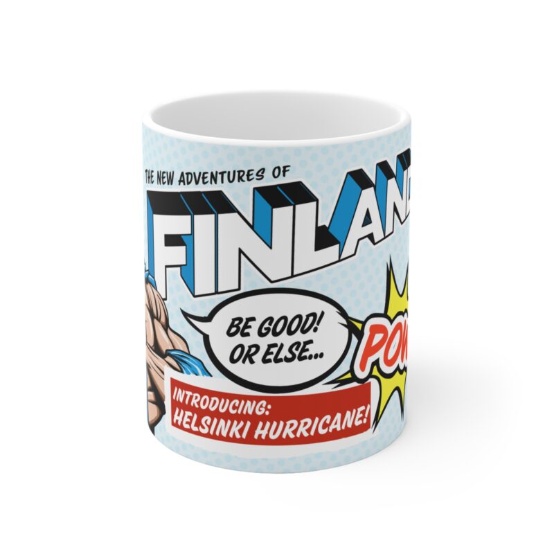 Ceramic coffee mug featuring whimsical Nordic icons under the slogan “New Adventures of Finland”