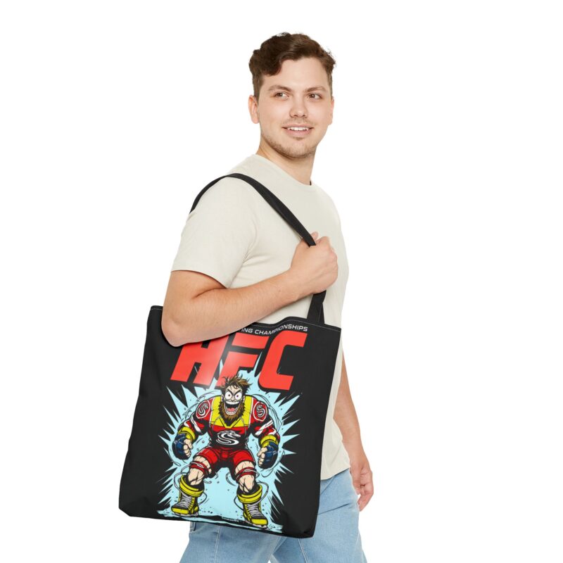 Canvas tote bag featuring bold “HFC – Hockey Fighting Championship” text with gritty, fight-night styling