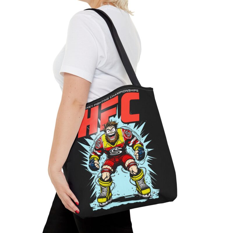 Printed tote bag showing two hockey players mid-brawl under the logo “HFC”