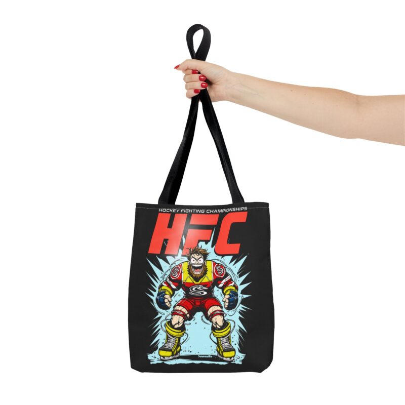 Eco friendly tote bag styled like a combat sports promo – hockey sticks crossed like swords