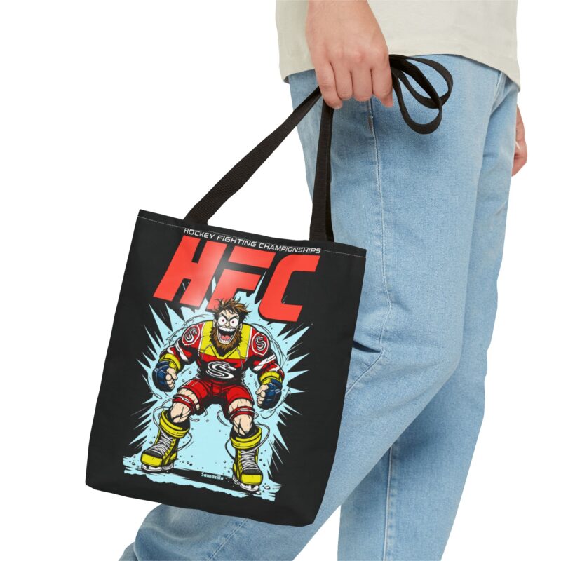 Shopping tote bag with intense cartoon clash on ice, fists flying and “HFC” title above