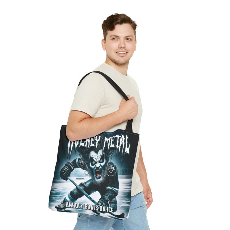 Canvas tote bag with “Hockey Metal – Unholy Goals On Ice” in flaming gothic font, perfect for hardcore fans
