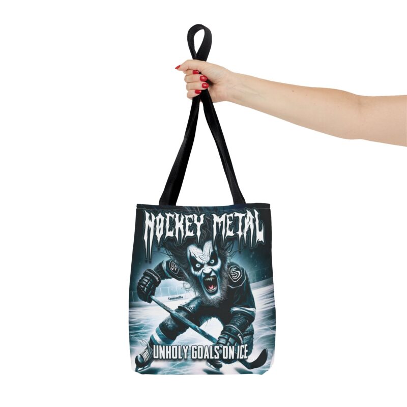 Eco friendly tote bag blending hockey mayhem and metal aesthetics – “Unholy Goals On Ice” design
