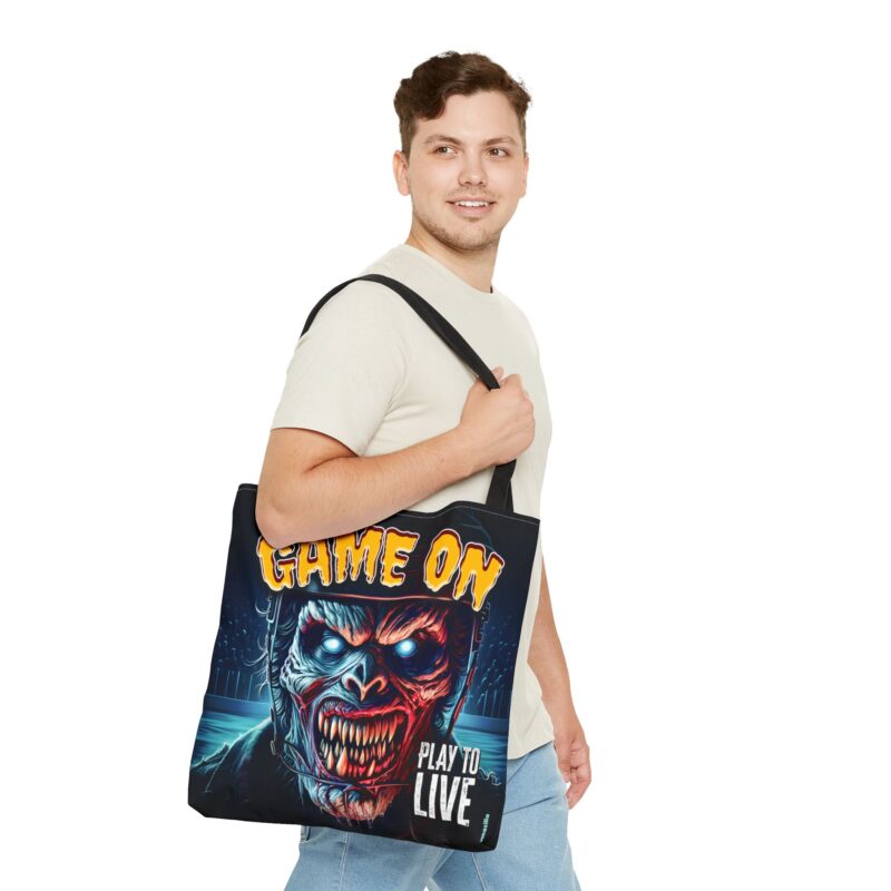 Canvas tote bag with the phrase “Game On – Play To Live” in bold, high-energy typography