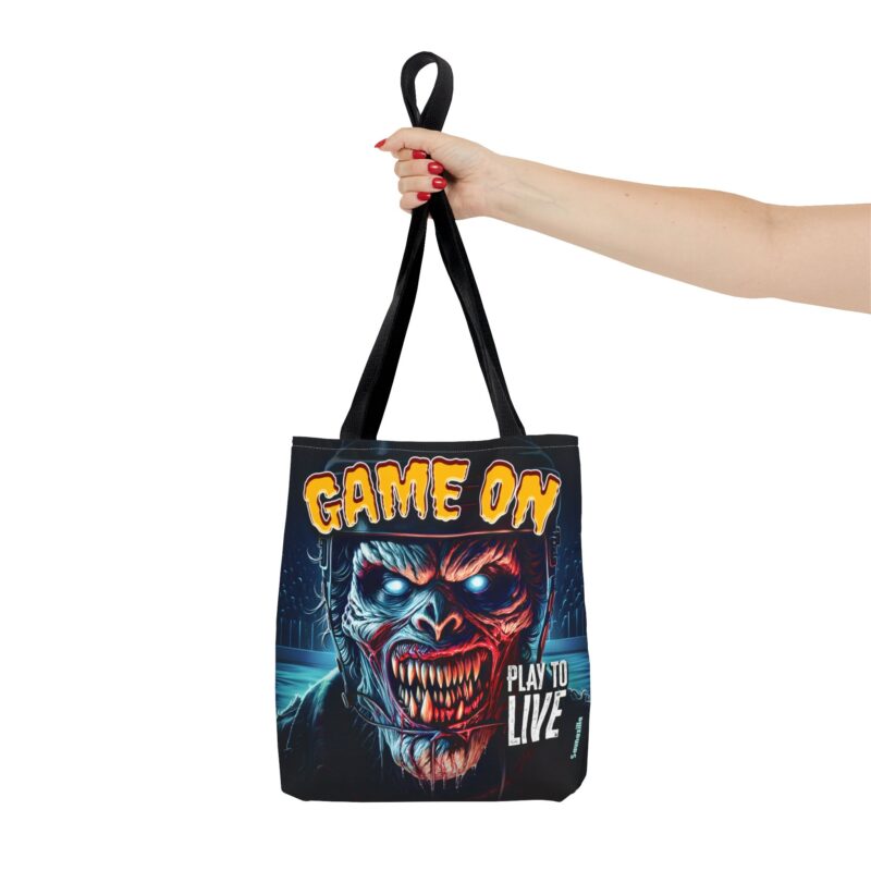 Eco friendly tote bag with minimalist action-inspired design and bold “Game On” statement