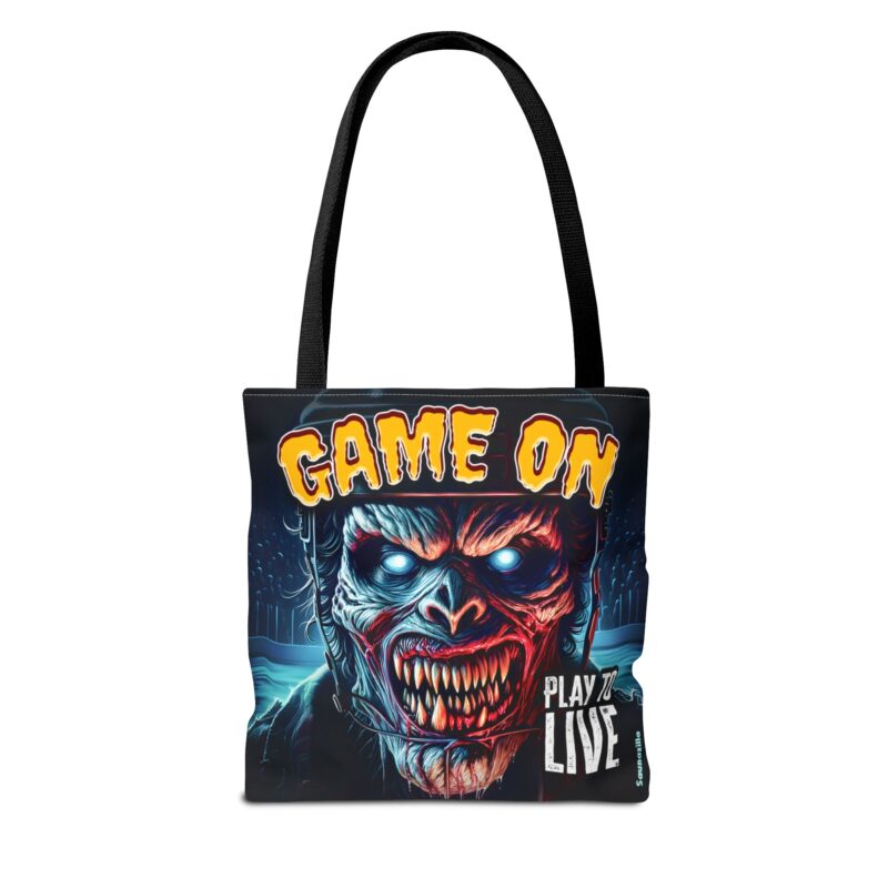 Large canvas tote bag with electric lines and powerful lettering – “Game On – Play To Live” theme