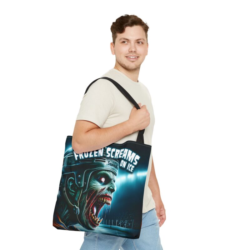 Canvas tote bag with “Frozen Screams On Ice” text over a ghostly, cracked ice pattern