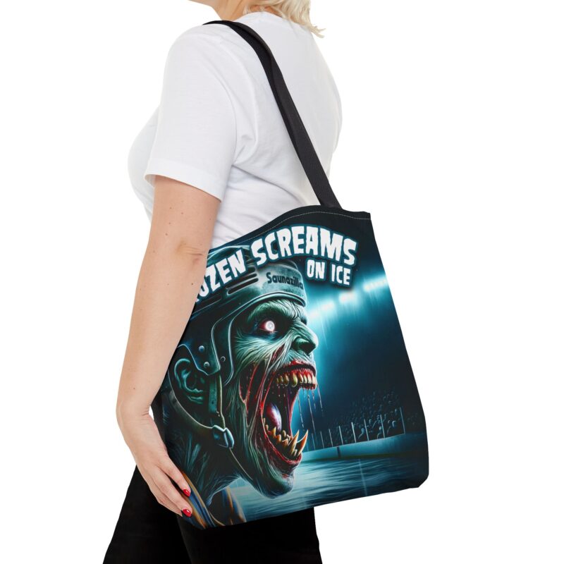 Printed tote bag featuring eerie frozen faces trapped under an icy surface, bold horror parody