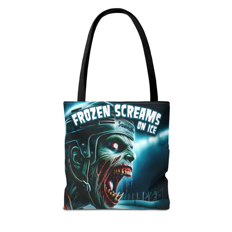 Large canvas tote bag blending Nordic cold with horror humor – ghostly figures and icy detail