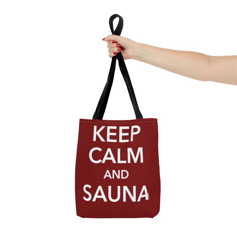 Printed tote bag with minimalist “Keep Calm And Sauna” text and steam icon above