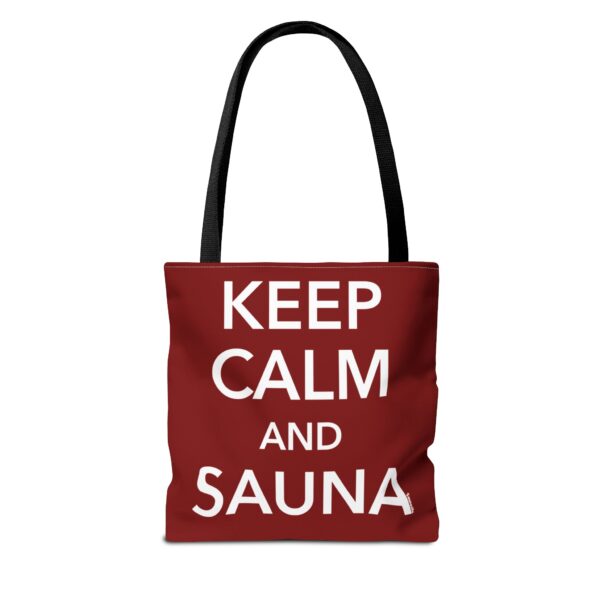 Keep calm and sauna on hauska ja kestävä sauna-aiheinen kassi.
