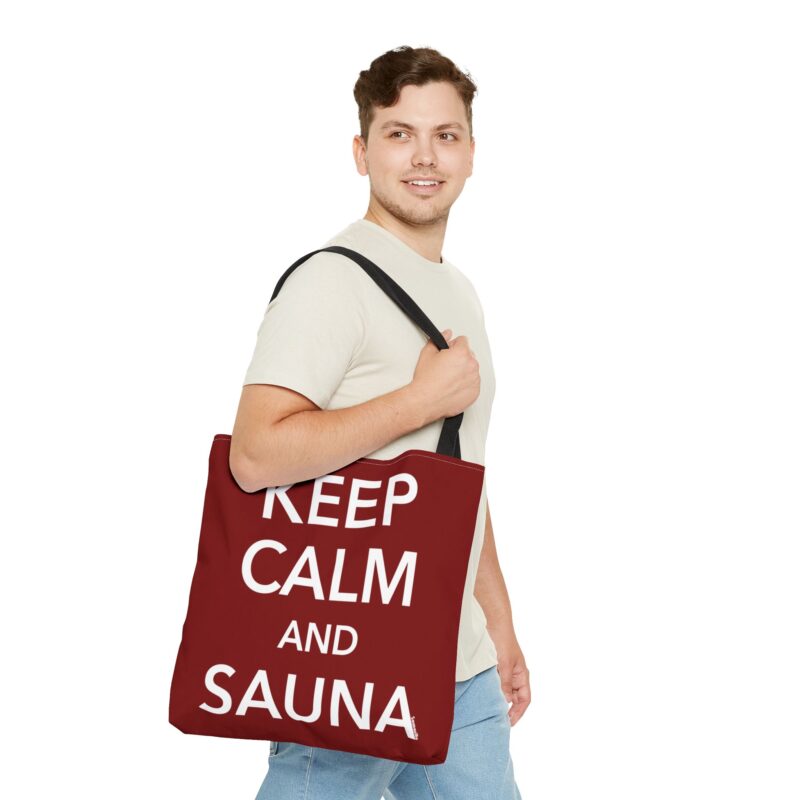 Canvas tote bag with the phrase “Keep Calm And Sauna” in bold, royal-style font