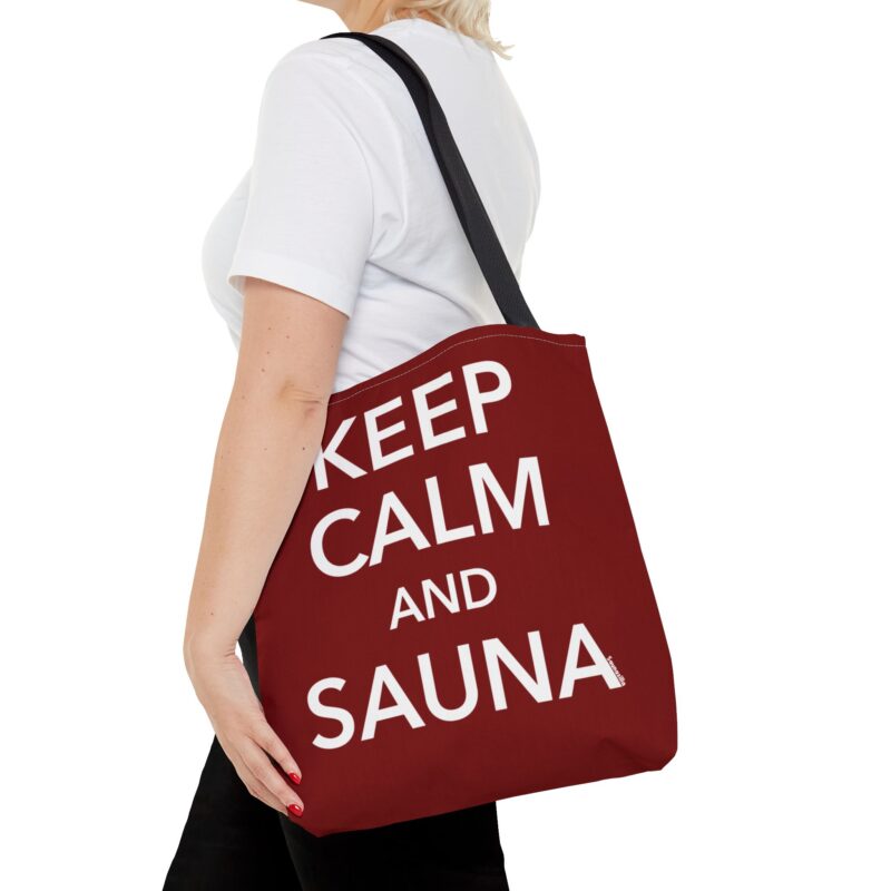 Eco friendly tote bag featuring classic “Keep Calm” layout with a Finnish sauna twist