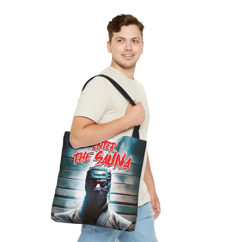 Canvas tote bag with “Enter The Sauna” in bold kung fu-style font and steam rising behind