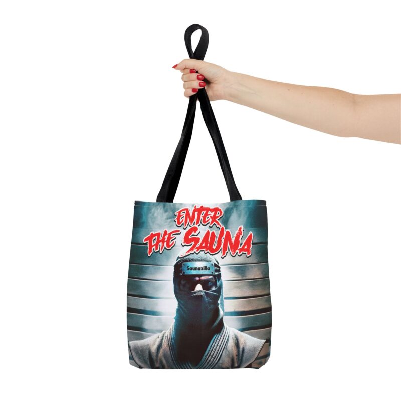 Printed tote bag featuring a sauna ninja silhouette in action pose under the phrase “Enter The Sauna”