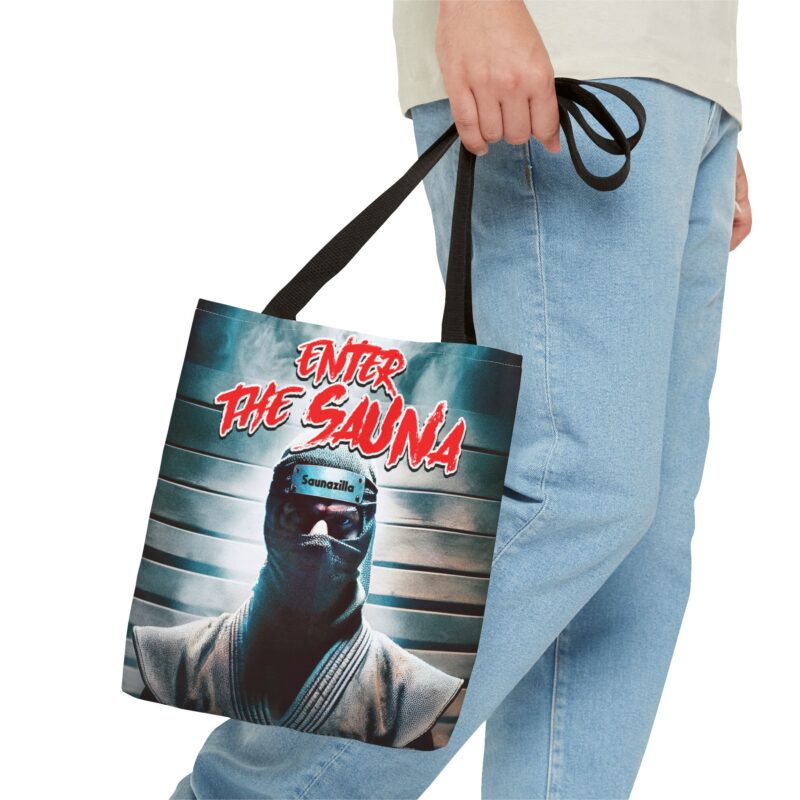 Eco friendly tote bag parodying martial arts movie posters with a towel-wielding warrior