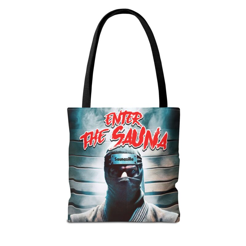Shopping tote bag with dramatic cartoon steam clouds and retro ninja styling – “Enter The Sauna”