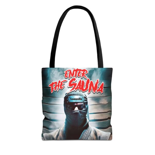 Large canvas tote bag with a masked figure kicking open a sauna door, inspired by 80s action films
